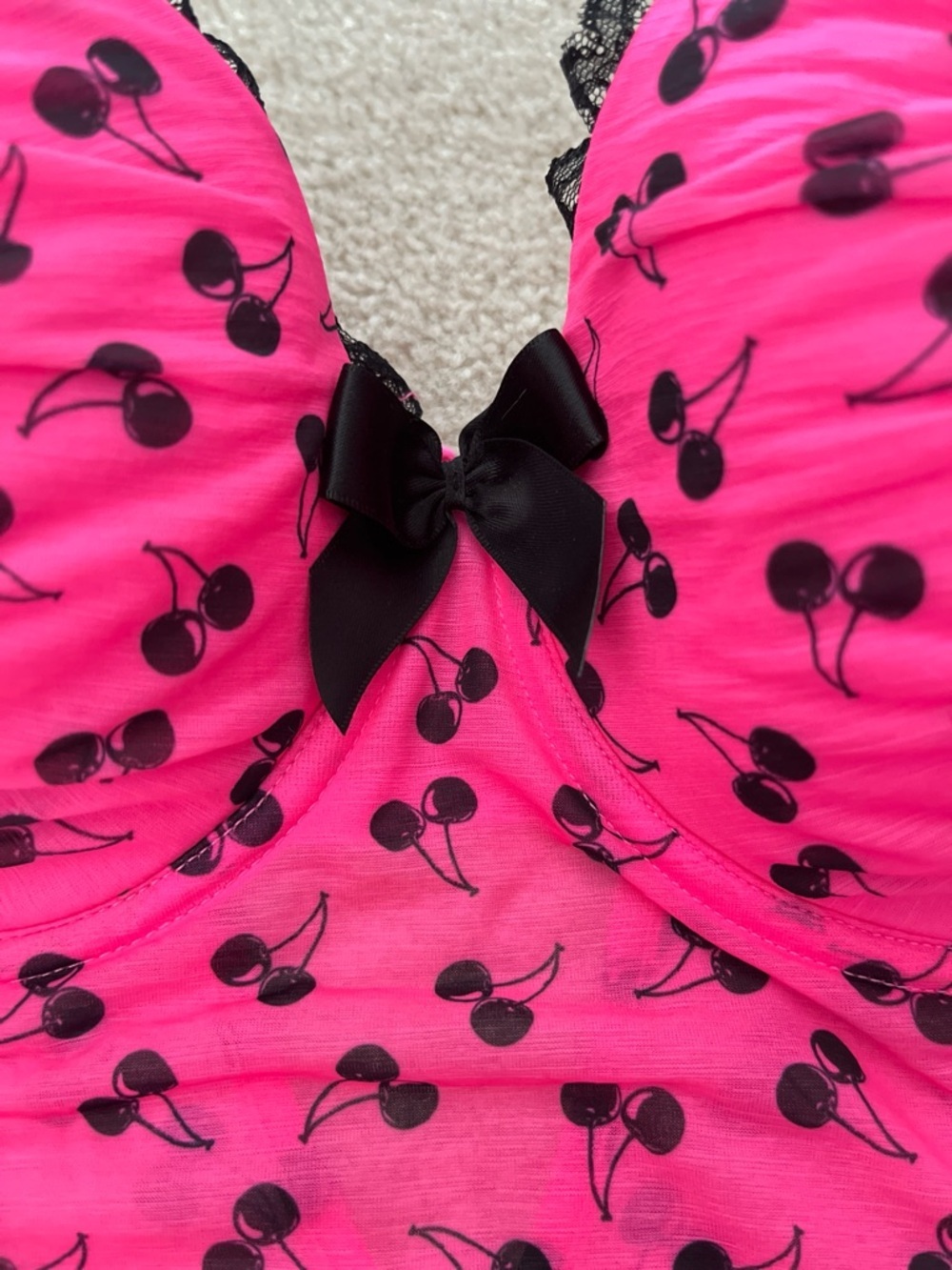 Vintage Y2K/2000s Coquette La Senza Hot Pink Cherry-Print Babydoll Chemise/Slip - Picture 5 of 12